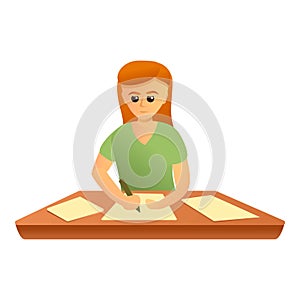 Girl writing exam test icon, cartoon style