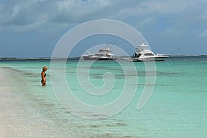 Girl,yacht and Caribbean sea