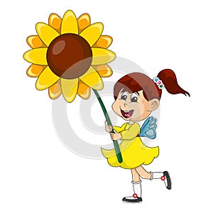 The girl in the yellow dress brings sunflowers cartoon vector illustration