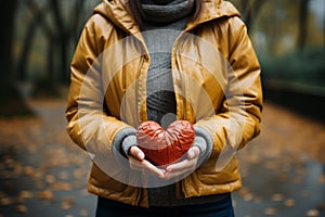 A girl in a yellow jacket holds a red heart in her hands. Ai generative