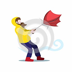 Girl in yellow jacket pull an broken umbrella in strong wind, bad weather hurricanes and storm in city. cartoon flat illustration