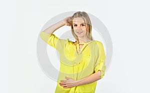 Girl yellow shirt blouse fancy summer clothes, loose fitting clothes concept photo
