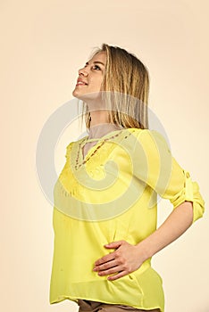Girl yellow shirt blouse summer clothes, loose fitting clothes concept photo