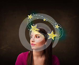 Girl with yellow stars circleing around her head illustration