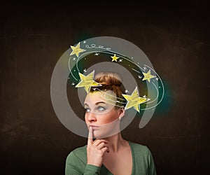 Girl with yellow stars circleing around her head illustration