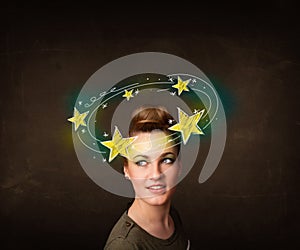 Girl with yellow stars circleing around her head illustration