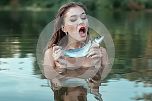 Girl yells at the fish.