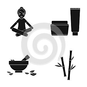 A girl in a yoga lotus pose, a jar of cream and a tube of ointment, a crush with a bowl and rose petals, bamboo with