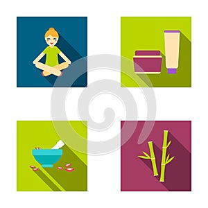 A girl in a yoga lotus pose, a jar of cream and a tube of ointment, a crush with a bowl and rose petals, bamboo with