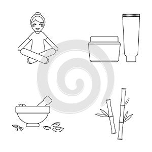 A girl in a yoga lotus pose, a jar of cream and a tube of ointment, a crush with a bowl and rose petals, bamboo with