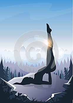 Girl Yoga Position Sport Fitness Woman Exercise Workout Silhouette Mountain Landscape Background