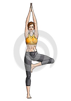 Girl in a yoga tree pose (Vrikshasana)