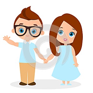 Girl and young boy with glasses. Vector illustration eps 10 isolated on white background. Flat cartoon style.