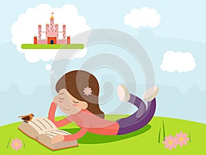 Girl young happy smiling reading book lying on Nature Fantasy, Fairy Tale Characters Icon Symbol Stylish cartoon Design