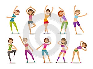 Girl or young woman engaged fitness in gym. Sport, aerobics, healthy lifestyle concept. Funny cartoon vector