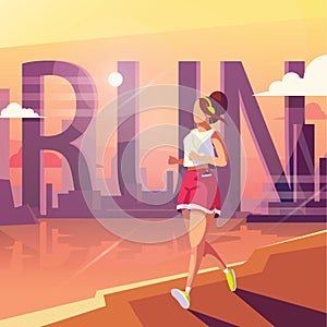 Girl or young woman jogging on pier on sunset. Large word RUN on background.