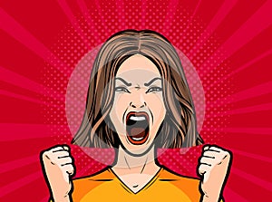 Girl or young woman screaming out loud. Pop art retro comic style. Cartoon vector illustration