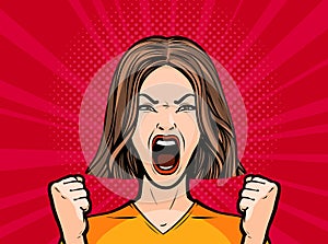 Girl or young woman screaming out loud. Pop art retro comic style. Cartoon vector illustration photo