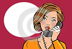 Girl or young woman talking on the phone. Telephone conversation. Vector illustration