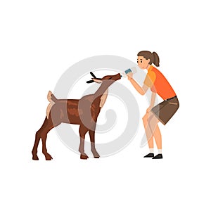 Girl Zoo Worker Feeding Baby Deer with Bottle of Milk, Professional Zookeeper Character Caring of Animal Vector