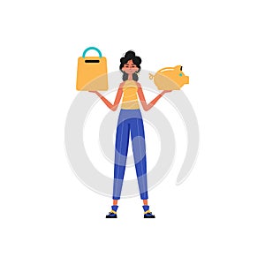 The girlfriend holds a hoggish depository fiscal trip and a denounce basket in his hand. Trendy style, Vector photo