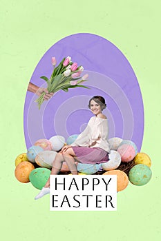 Girlfriend lady sitting on big Easter wreath painted eggs decor receive tulip bunch secret delivery service wonder who