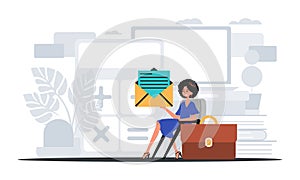 The girlfriend sits in a electric professorship and holds an envelope . hour concept. Trendy style, Vector Illustration