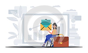 The girlfriend sits in a electric professorship and holds an envelope . hour concept. Trendy style, Vector Illustration