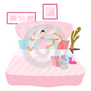 Girlfriends applying facial masks flat vector illustration. Slumber, sleepover party concept. Female best friends sleeping