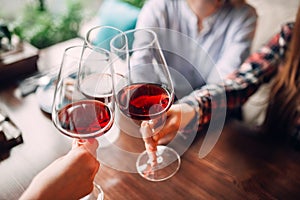 Girlfriends clink glasses with red wine