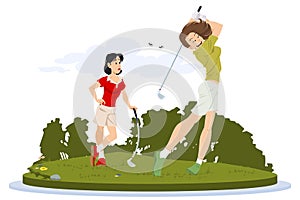 Girlfriends girls play golf. Illustration for internet and mobile website