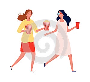 Girlfriends meeting. Women with popcorn and drinks. Isolated cinema visitors, flat female characters on weekend