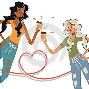 Girlfriends or mistresses drink coffee. Modern ladies with paper cups prefer coffee. Chin Chin. The concept of a healthy