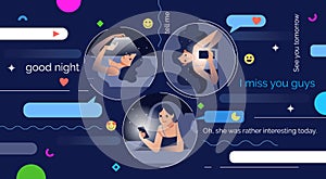 Girlfriends at night communicate with each other through social networks chatting online by making video call on phone photo