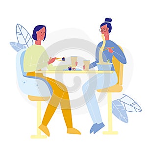 Girlfriends in Sushi Bar Flat Vector Illustration