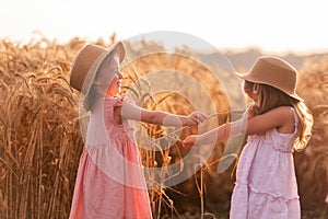 Girlfriends tickle each other`s nose with spikelets of rye. Little girls in straw hat are having fun