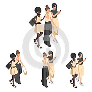Girlfriends in trendy outfits set and isometric people photo