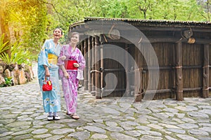 Girlfriends wearing traditional clothing kimono