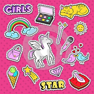 Girlish Doodle with Rainbow and Unicorn. Teenager Style Stickers, Badges and Patches