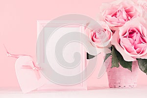Girlish gentle Valentine days mockup - blank frame for text, exquisite pink roses, heart with ribbon, gift box on white wood.