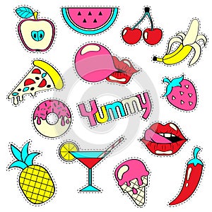 Girlish patch badges with banana, strawberry, watermelon, ice cream, cocktail, pineapple, bubble gum, lips, pizza, cherry. Sticker