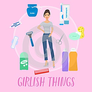 Girlish things banner vector illustration. Hygiene personal care toiletries set of hygienic bath products and bathroom