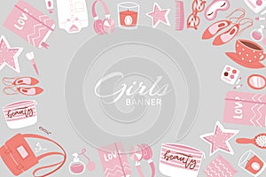 Girls accessories and cloths frame banner with makeup, bags star, cosmetic, footwear and purses cartoon vector