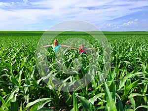 Girls acting like scarecrows in the corn field