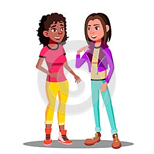 Girls Actively Discuss With Gestures Vector. Isolated Illustration