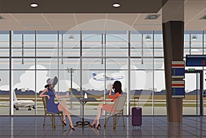 Girls at the airport at a table against the background of the window. Vector