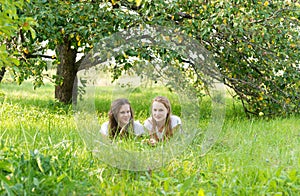 Girls in an apple orchard