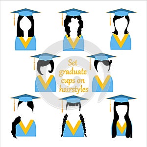 Girls avatars with black hair silhouettes and graduation ceremonial clothing set. Vector academic clothes student caps