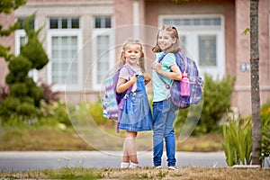 Girls with backpack is going to school