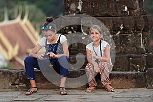 Girls at Bakong Temple, Angor Wat, Cambodia